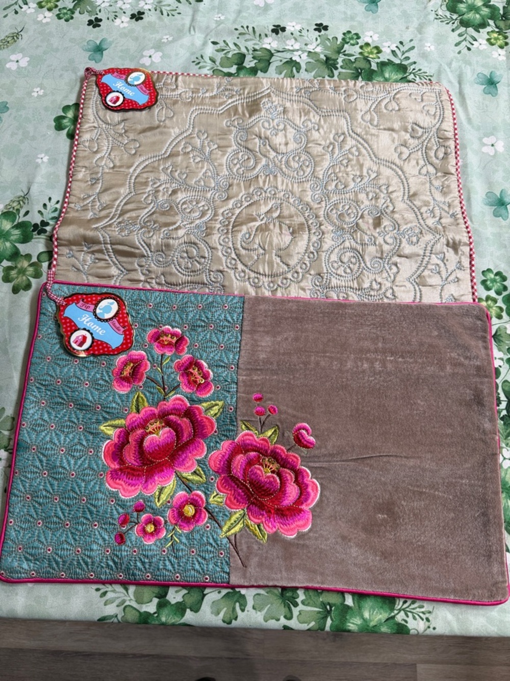 Floral Embroidered Velvet Accent Pillow Cover in Teal, Pink and Brown